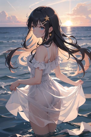 xcdd, 1girl, solo, long hair, dress, wading, star \(symbol\), backlighting, water, sky, glowing, standing, sunset, hair ornament, white dress, star hair ornament, bangs, star \(sky\), skirt hold, bare shoulders, ocean, outdoors, from side, light particles, floating hair