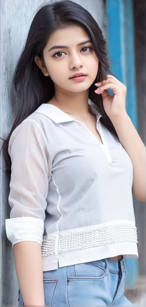 A cute girl  model who have black hairs  natural face Ai ka bna hua n lage, grey eyes , rosy lips , sharp jaw line , curved figure , wearing jeens and top 
and uot fit blazzer Puja krte hue mandir me, age 16-17years

