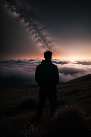 Generate a high-quality and enigmatic image featuring a shirtless man standing contemplatively on the hill top with blood rain falling. foggy srounding, Infuse the scene with an air of mystery, emphasizing the interplay of light and reflections of the plane's surface. Utilize generative techniques to capture the details of the man's silhouette against the sky, creating an image that sparks intrigue land invites viewers to ponder the untold story behind the atmospheric setting. Consider simulating the use of a professional camera, such as a Nikon Z7, to achieve a high-resolution shot that accentuates the mystique of the scene with nuanced red light and fog play, full body ,bright srounding, colour of fog is multiple.
