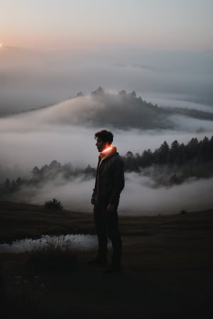 Generate a high-quality and enigmatic image featuring a shirtless man standing contemplatively on the hill top with blood rain falling. foggy srounding, Infuse the scene with an air of mystery, emphasizing the interplay of light and reflections of the plane's surface. Utilize generative techniques to capture the details of the man's silhouette against the sky, creating an image that sparks intrigue land invites viewers to ponder the untold story behind the atmospheric setting. Consider simulating the use of a professional camera, such as a Nikon Z7, to achieve a high-resolution shot that accentuates the mystique of the scene with nuanced red light and fog play, full body ,bright srounding, colour of fog is multiple.
