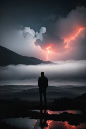 Generate a high-quality and enigmatic image featuring a shirtless man standing contemplatively on the hill top with blood rain falling. foggy srounding, Infuse the scene with an air of mystery, emphasizing the interplay of light and reflections of the plane's surface. Utilize generative techniques to capture the details of the man's silhouette against the sky, creating an image that sparks intrigue land invites viewers to ponder the untold story behind the atmospheric setting. Consider simulating the use of a professional camera, such as a Nikon Z7, to achieve a high-resolution shot that accentuates the mystique of the scene with nuanced red light and fog play, full body ,bright srounding, colour of fog is multiple.,photorealistic