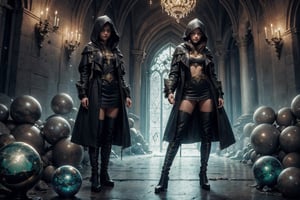 (CharacterSheet:1), sole_female, "a 23 year old sorceress, black hair, green eyes, black leather hood, black leather long boots, gazing into a crystal ball, medeval wizards castle.",