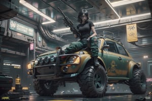 (CharacterSheet:1), angry sole_female, "a 23 year old woman, black hair, dark green tshirt, black combat boots, black gloves, worn jeans, holding a black assault rifle, sitting on a rusted yellow VW Baja Bug with rally-lights on the front bumper, neo-tokyo, Japan.", cyberpunk ,CyberpunkWorld