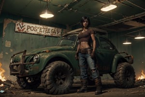 (CharacterSheet:1), sole_female, "a 23 year old woman, black hair, dark green tshirt, black combat boots, black gloves, leather belt, worn jeans, standing next to a rusted VW Baja Bug with rally-lights, post apocalyptic wasteland.", 