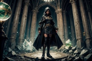 (CharacterSheet:1), sole_female, "a 23 year old sorceress, black hair, green eyes, black leather hood, black leather long boots, gazing into a crystal ball, medeval wizards castle.",