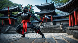 photographic, super realistic, masterpiece, 4K, HDR, quality image, cinematic, 
action_pose, 
fantasy, 
"a ninja in black armor holding Kama stands ready for battle at in an ancient japanese stone temple.",