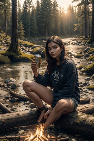 sole_female, "A 25 year old Indian woman, holding a beer can, sitting on a log, by a campfire, evergreen forest with a stream at Sunrise.", taking a selfie.