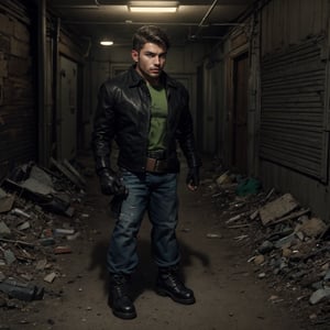 sole_male, "a 23 year old man, black jacket, green tshirt, black combat boots, black gloves, gun holster on right leg, leather belt, worn jeans, walking through a post apocolyptic wasteland.", 