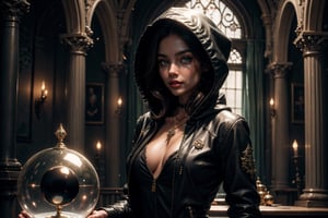 (CharacterSheet:1), sole_female, "a 23 year old sorceress, black hair, green eyes, black leather hood, holding a crystal ball, medeval castle.",