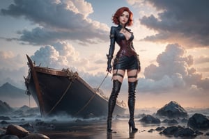 "A 23 year old woman, short red hair, lipstick, corset, leather gloves, long boots, standing among the clouds.", SteamPunk