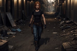 sole_female, "a 23 year old woman, amber hair, black tshirt, black combat boots, black gloves, gun holster on right leg, leather belt, worn jeans, walking through a post apocolyptic wasteland.", 