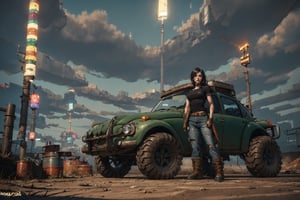 sole_female, "a 23 year old woman, black hair, dark green tshirt, black combat boots, black gloves, leather belt, worn jeans, standing next to a rusted rally style VW Baja Bug, post apocalyptic nuclear wasteland.", 
