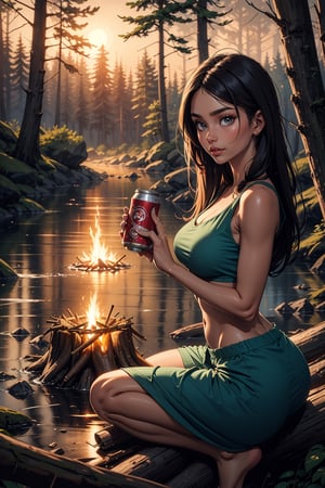 sole_female, "A 25 year old Indian woman, holding a beer can, sitting on a log, by a campfire, evergreen forest with a stream at Sunrise.", taking a selfie.