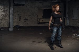 sole_female, "a 23 year old woman, amber hair, black tshirt, black combat boots, black gloves, gun holster on right leg, leather belt, worn jeans, standing in an abandoned warehouse, post apocolyptic wasteland.", 