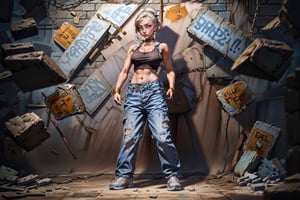 sole_female, perfect proportions, street dancer, shuffle dance, baggy jeans, sneakers, white tank-top, jewelery, ((standing in front of cinderblock wall)), rubble, graffitti, Young beauty spirit ,photo of perfecteyes eyes,JeeSoo ,