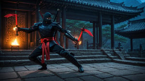 photographic, super realistic, masterpiece, 4K, HDR, quality image, cinematic, 
action_pose, 
fantasy, 
"a ninja in black armor holding Kama stands ready for battle at night in an ancient japanese stone temple.",