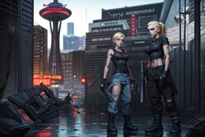 angry two_female, blonde hair, dark hair, black combat boots, ripped jeans, black tshirt white tanktop, holding a machette, holding gunsl, walking through a post apocolyptic seattle, wet ground, blurred space needle in the background, Young beauty spirit ,photo of perfecteyes eyes,JeeSoo 