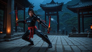 photographic, super realistic, masterpiece, 4K, HDR, quality image, cinematic, 
action_pose, 
fantasy, 
"a female ninja in black armor holding Kama stands ready for battle at night in an ancient japanese stone temple.",