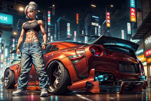 sole_female, perfect proportions, street dancer, shuffle dance, baggy jeans, sneakers, white tank-top, jewelery, standing in front of Nissan Skyline GTR, Tokyo, Japan, Young beauty spirit, photo of perfecteyes eyes,CyberpunkWorld
