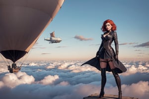 "A 23 year old woman, short red hair, lipstick, corset, leather gloves, long boots, standing on a zeppelin airship above the clouds."