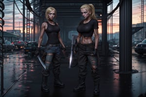 angry two_female, blonde hair dark hair, black combat boots, ripped jeans, black tshirt white tanktop, holding a machette, holding gunsl, walking through a post apocolyptic seattle, wet ground, blurred space needle in the background, Young beauty spirit ,photo of perfecteyes eyes,JeeSoo ,