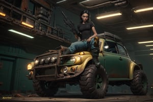 (CharacterSheet:1), angry sole_female, "a 23 year old woman, black hair, dark green tshirt, black combat boots, black gloves, worn jeans, holding a black assault rifle, sitting on a rusted yellow VW Baja Bug with rally-lights on the front bumper, post apocalyptic Manhattan, NYC.", 