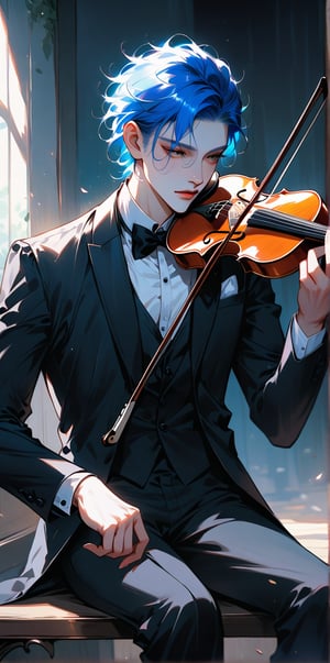 Anime style image of a beautiful boy, the boy sitting on a bench playing a violin, the boy wearing black tuxedo, neon blue hair. Pale skin, tall.

muchos detalles. Realista. Luz natural, la luz crea sombras sobre el hombre bello.