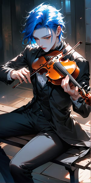 Anime style image of a beautiful boy, the boy sitting on a bench playing a violin, the boy wearing black tuxedo, neon blue hair. Pale skin, tall.

muchos detalles. Realista. Luz natural, la luz crea sombras sobre el hombre bello.