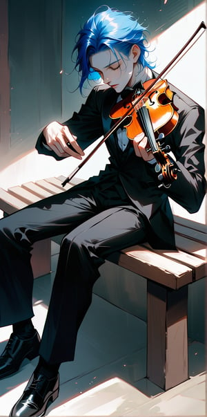 Anime style image of a beautiful boy, the boy sitting on a bench playing a violin, the boy wearing black tuxedo, neon blue hair. Pale skin, tall.

muchos detalles. Realista. Luz natural, la luz crea sombras sobre el hombre bello.