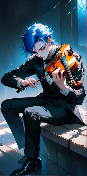 Anime style image of a beautiful boy, the boy sitting on a bench playing a violin, the boy wearing black tuxedo, neon blue hair. Pale skin, tall.

muchos detalles. Realista. Luz natural, la luz crea sombras sobre el hombre bello.