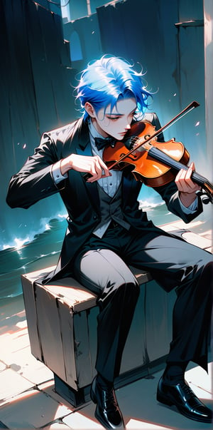 Anime style image of a beautiful boy, the boy sitting on a bench playing a violin, the boy wearing black tuxedo, neon blue hair. Pale skin, tall.

muchos detalles. Realista. Luz natural, la luz crea sombras sobre el hombre bello.