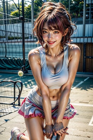 (masterpiece), best quality, highly detailed, face and skin, realistic photo, white tone color image, (expressive eyes, perfect face, detailed lips, beautiful face, smile, cute), 1girl, pink hair, short hair, big breast,panty shots, tennis clothes, tennis court,high leg,full body shot,tennis shoes
