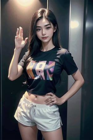 T-shirt and shorts, (random situation in elevator), normal shape shape, super realistic autograph, (normal pose), 20 years old Thai women, cowboy shot, smile, realistic mirror elevator, dynamic pose, taking photo in elevator, realistic elevator,realistic photograph mobile phone quality, , iPhone camera quality:1.5