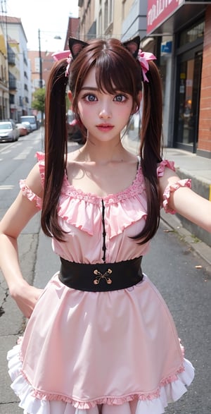 1 girl, very bright backlighting, solo, {beautiful and detailed eyes},large breasts, calm expression, natural and soft light,delicate facial features, Blunt bangs, beautiful Korean girl, eye smile,22yo, ((model pose)), Glamor body type,(half pink and half brown hair,Twin tails hair:1.1), flim grain, realhands, masterpiece, Best Quality, photorealistic, ultra-detailed, finely detailed, high resolution,brown messy hair, perfect dynamic composition, beautiful detailed eyes,(Korean girl:1.4),((nervous and embarrassed)),sharp-focus, beautymix, FilmGirl,(wearing a pink lolita dress with black ribbon,cat ears:1.3),facing reality,(The girl must be standing in a cat pose:1.6),(in the street:1.3),(cowboy shot:1.3)
