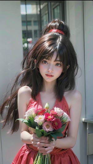 18 year old gravure model, perfect body, 1 girl, most beautiful korean girl, Korean beauty model, stunningly beautiful girl, gorgeous girl, over sized eyes, big eyes, smiling, looking at viewer, Let's imagine a scene where a girl holds a colorful bouquet of spring flowers, preparing to celebrate and bring joy to someone important. The girl wears a stylish outfit, enhancing her cuteness and charm. With a joyful and slightly shy expression, she holds the bouquet, anticipating the moment when she will present it to her loved one. She wonders if they will be delighted and cherishes the anticipation of this miraculous encounter. The setting is a sunlit and serene garden, chosen as the meeting place. The garden is adorned with vibrant greenery, providing a tranquil atmosphere. Beautiful flowers bloom in abundance, filling the air with the scents of the season. This picturesque garden complements the girl's fashionable attire, enhancing her adorable presence. As the girl stands amidst the lush garden, she feels a sense of happiness and excitement. Her radiant smile and the colorful bouquet in her hands symbolize the joy she wishes to share with her loved one. This moment is a celebration of their connection, evoking a feeling of pure delight. This image portrays the girl with her vibrant bouquet, set against the backdrop of a sunlit garden, as she eagerly awaits the arrival of someone special. Her shy yet joyful expression, along with her stylish outfit and the beauty of the blooming flowers, conveys a sense of happiness and excitement. It captures the anticipation and happiness that come with a long-awaited encounter with a cherished person.
