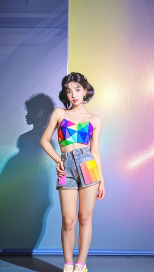 1girl, female lowteen, look down, smug, step on viewer, blush, full body, head and shoulders, flat color BREAK (vaporwave:1.2), a statuesque Picaroto woman with prisms in her eyes, geometric gradients background BREAK colorful, dream-like,masterpiece


