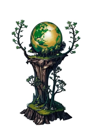 (best quality), (4k resolution), creative illustration of a miniature world on a white pedestal. The world is a green sphere with various natural and artificial elements. There is a river, trees, mountains, and a small house on the sphere. The image has a minimalist style with a light color palette that creates a contrast with the white background. The image gives a sense of wonder and curiosity about the tiny world and its inhabitants.,ff14bg,High detailed