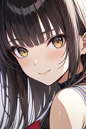 (8K,masterpiece, best quality),1girl, solo, smile ,long straight hair , black hair, golden eyes, skintight,detail face, beautiful eyes ,face close-up ,more detail XL,looking_at_viewer,katou megumi