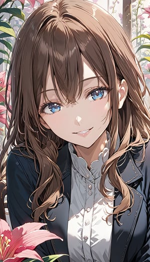 looking at viewer, long brown hair, shirt, 1girl, dark blue eyes, black coat, charming smile, upper body, flower, female focus, solo focus, sitting on chair, pink lily\(flower\), hands perspective, kabe pause,more detail XL,mirham