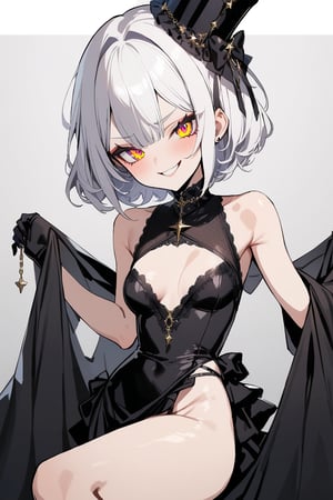 1girl,luna,SFW,masterpiece,best quality,4k,ridiculous,glitter eyes,smirk,2D,single shot,clear color,white outline,white hair,(charming),((goth)),( Moha), (shaved) hairstyle, golden eyes, sexy