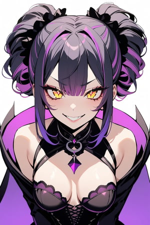 1girl, Luna, SFW, Masterpiece, Best Quality, 4k, Ridiculous, Sparkling Eyes, Smirk, 2D, Dual Color, Clear Color, White Outline, Black Hair, Purple Hair (Charming), ((Goth)) , (moha), (shaved) hairstyle, golden eyes, mistress