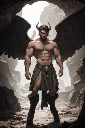 35-year-old, ((half_demon and half_man)), a 10-foot tall, handsome man with perfect muscular abs, defined round large pectoral muscles, large_breasts,(photorealistic), still cinematic film. Beautiful lighting, best quality, realistic, full-length portrait, natural image, intricate details, depth of field, scruff, handsomely tanned olive skin, highly detailed, captivating facial features, tall, anatomically correct, wearing a short black kilt that reveals his muscular thighs, Realistic large devil horns.

Aerial View, Looking DowCreate A chilling depiction of a menacing fallen angel standing in a large cave in hell. His stance reveals a perfectly muscular body at the large gates to hell in a dark and atmospheric setting.

Bright Cinematic lighting, Fujifilm XT3, atmospheric glow, RAW photo, 8k uhd, film grain, 6000, male, Movie Still, photo r3al, Film Still, Cinematic, Cinematic Shot, Male focus, Angelic Style Wings, Cinematic Lighting, Muscular, flaccid, Sexy Muscular, bigger_male, ((large muscular hooved legs)), Large_hooves, doomboh, 1guy, Masterpiece.,realistic, character,VPL
