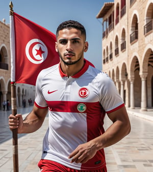 (best quality, 4k, 8k, highres, masterpiece:1.2), ultra-detailed, (realistic, photorealistic, photo-realistic:1.37), Tunisian national football team player
On the runways, the flag of Tunisia, background

 vibrant colors,  surrealistic background