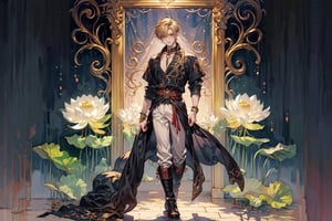 (male only:1.2), (male only), (1boy, fantasy clothes:1.3), 1boy, boots, short hair, ear ring, jewellery, link collar, accessory, watercolor, looking_at_viewer, high_res, highly detailed, lamps, lotus flower, 