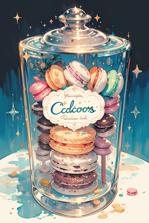 -watercolor, no humans, still life, english text, macarons with cute decoration,