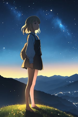 Masterpiece, high_resolution, glowing, background_hills, anime girl standing, prefect lighting, her face is perfect, not school girl, night, blue sky with Stars 