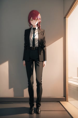 makima-csm, 1girl, solo, masterpiece, high_res, red hair, one long braid, golden eyes, ringed_eyes, elegant suit, black suit jacket, closed jacket, black necktie, white shirt, black pants, black top-hat, white belt, upper_body, full body, standing,