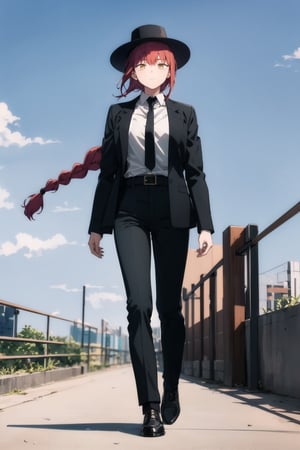 makima-csm, 1girl, solo, masterpiece, high_res, red hair, one long braid, golden eyes, ringed_eyes, elegant suit, black suit jacket, closed jacket, black necktie, white shirt, black pants, black top-hat, white belt, upper_body, full body, walking 