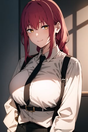 makima-csm, 1girl, solo, masterpiece, high_res, red hair, one long braid, golden eyes, ringed_eyes, no elegant suit, black suit jacket, closed jacket, black necktie, white shirt, black pants, lighting, white belt, upper_body, big_boobs, smile, spem in mouth 