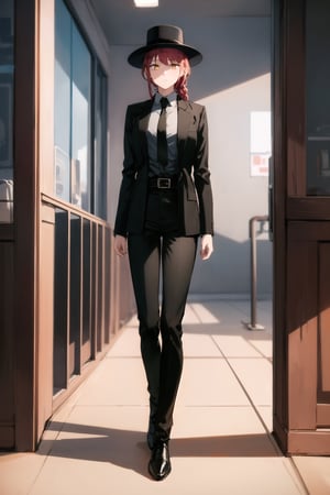 makima-csm, 1girl, solo, masterpiece, high_res, red hair, one long braid, golden eyes, ringed_eyes, elegant suit, black suit jacket, closed jacket, black necktie, white shirt, black pants, black top-hat, white belt, upper_body, full body,